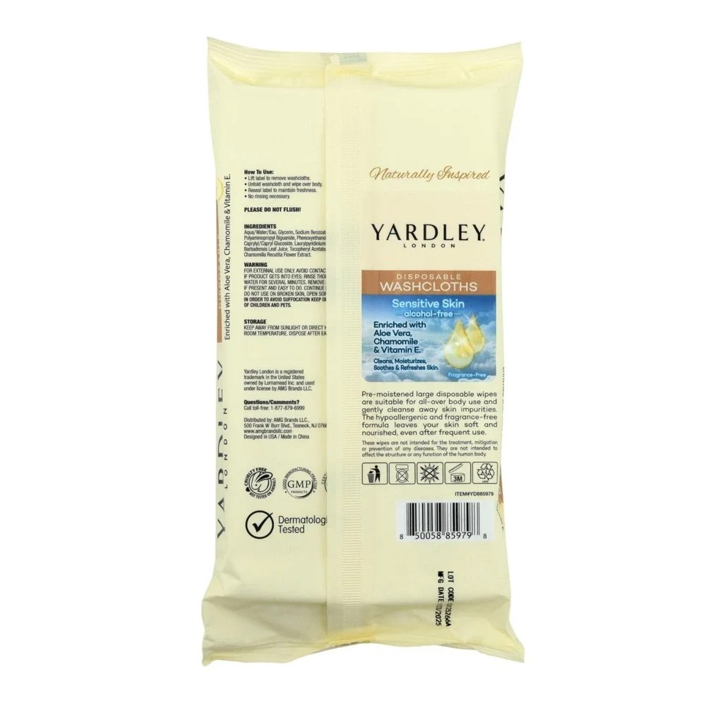 Yardley London Disposable Washcloths 3-Pack (54ct) Body Wipes - Sensitive Skin